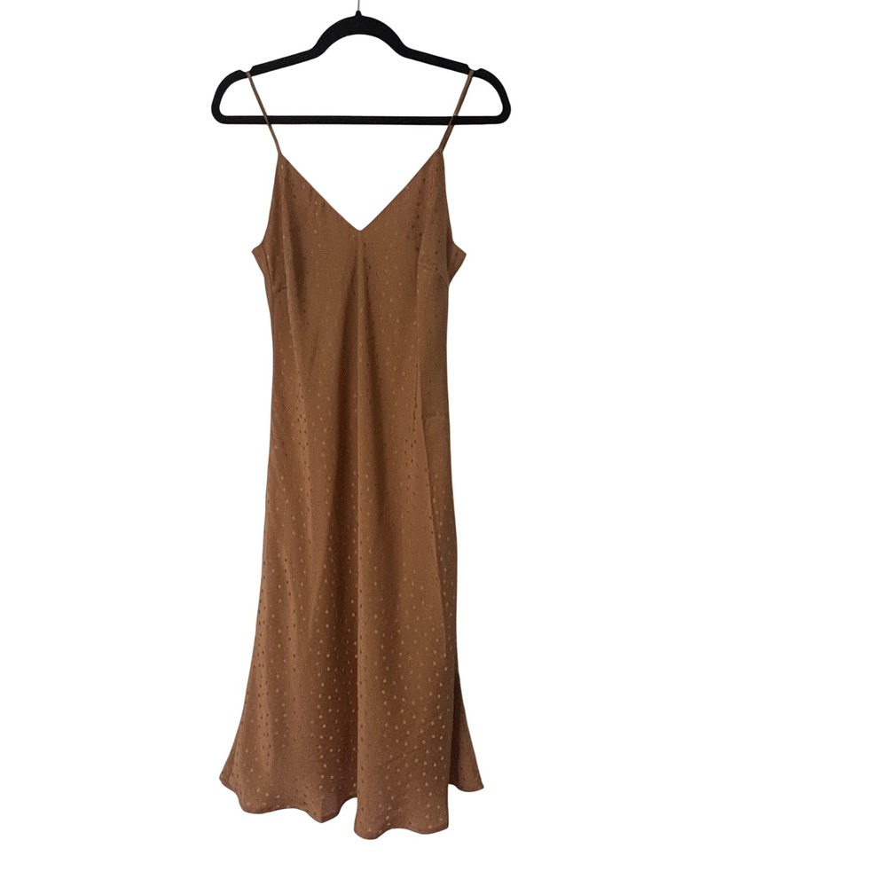 Gold Hawk Silk Jacquard Polka Dot Slip Midi Dress Autumn Camel Womens Small